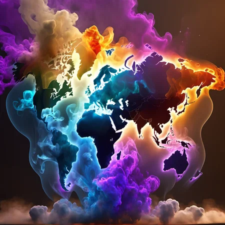 smokeart,smoke, smoked world map, colored continents, <lora:Smoke_Art_final:1>, portrait of a CGI animation character, magical background, bright natural lighing, backlighting, professional studio quality, looking at camera, large round cute detailed eyes, detailed, cute, adorable, intricately detailed, fantasy art, digital painting