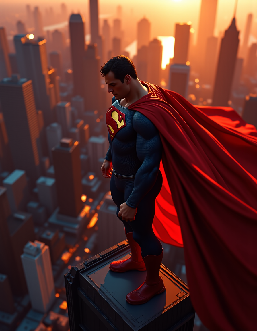 A superhero photograph capturing Superman standing on top of a skyscraper during twilight. The image is shot in stunning ultra-high definition with an absurd resolution of 64000 x 32000 pixels, resulting in highly detailed textures and intricate details. The composition style utilizes leading lines created by the city's architecture to guide the viewer's eye towards Superman, who is poised for flight with his cape flowing in the wind.