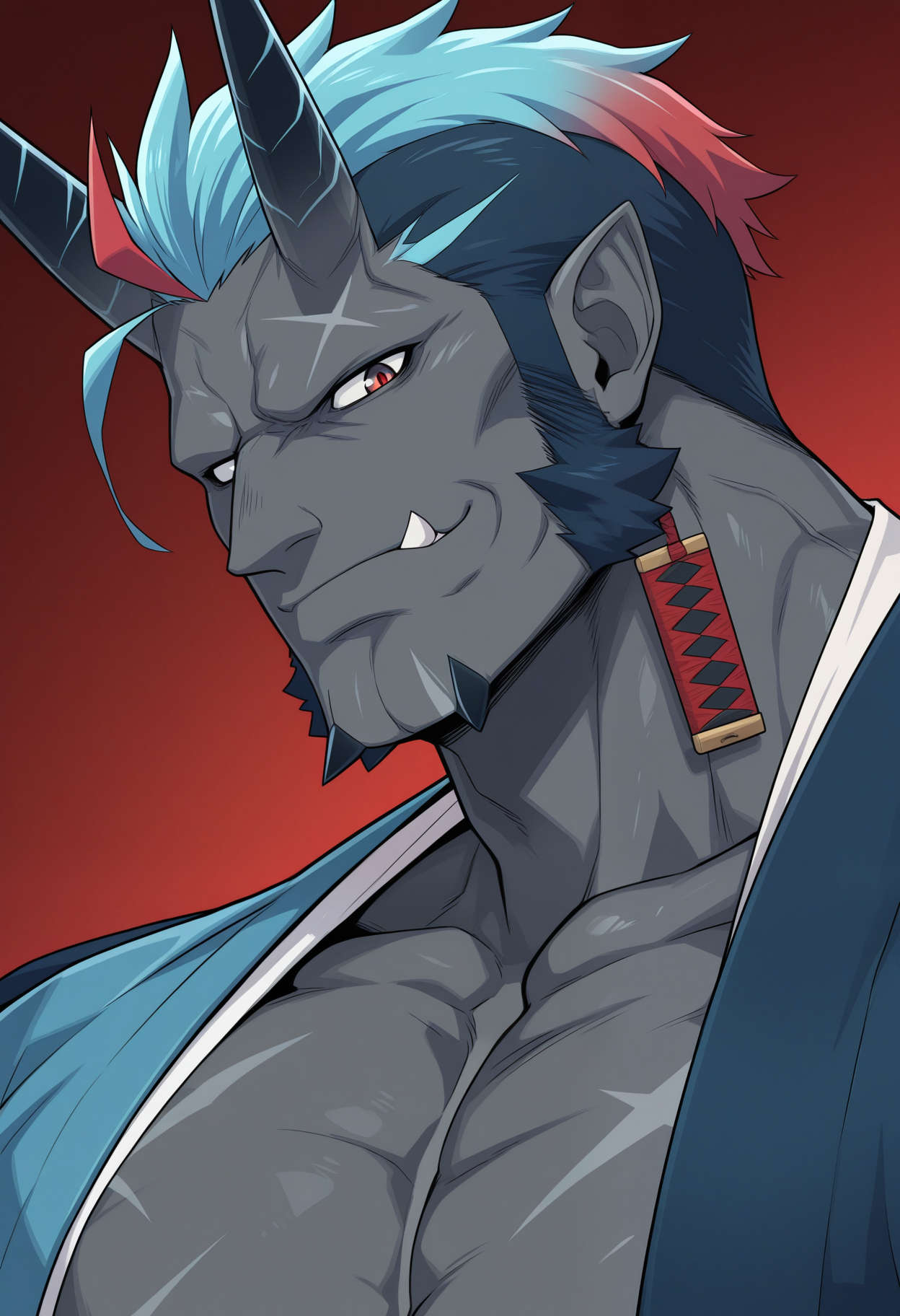 masterpiece,best quality,amazing quality, 1boy, solo, h4b4k1, monster male, grey skin, multicolored hair, two-tone eyes, open kimono, right blue sleeve, close up, side angle, smirk,