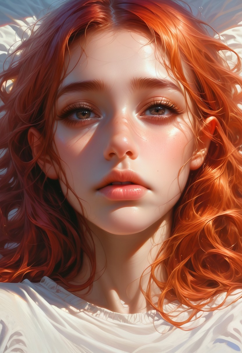 score_9, score_8_up, score_7_up, rating_safe, realistic, 1girl,  (redhead girl lying on her back), long hair, face focus, beautiful mouth, easynegative, beautiful face, mouth open, eyes half closed, dark eyes, big tits, big saggy boobs, 
Mouth open, slutty, frown, begging
warm sunset lighting, white messy bed sheets  
arched back, big mouth, seductive face, frown, begging, (eyes half open), looking at viewer, 
Hyperrealistic,