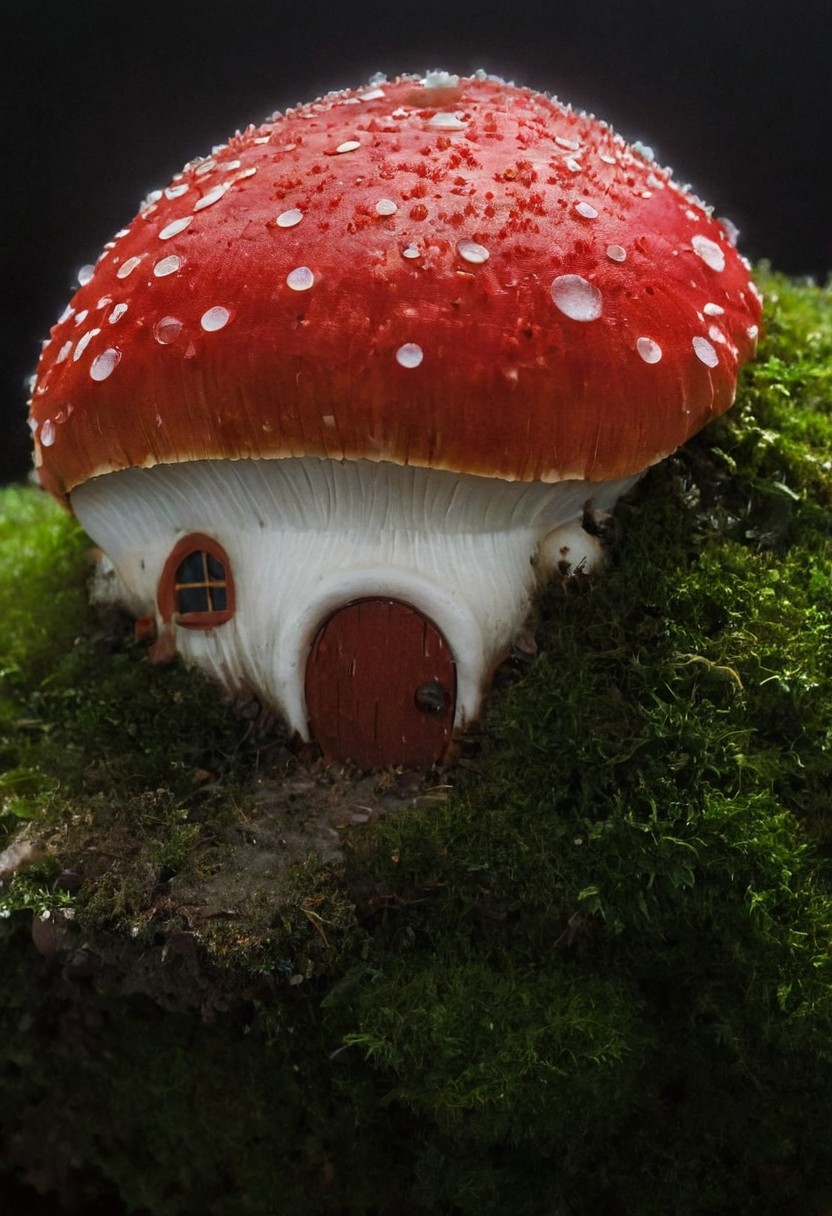 Hobbit Hole,, a closeup macro photo of a slightly red/white translucent small fly agaric mushroom with little Houses on its surface, Super Closeup, a Huge floating Natural mushroom habitus, Spiritual Ethereal installation,
deep Blacks, very detailed, atmospheric haze, Film grain, cinematic film still, shallow depth of field, highly detailed, high budget, cinemascope, moody, epic, OverallDetail, 2000s vintage RAW photo, photorealistic, candid camera, color graded cinematic, eye catchlights, atmospheric lighting, imperfections, natural, shallow dof