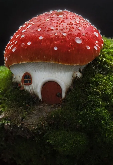 Hobbit Hole,, a closeup macro photo of a slightly red/white translucent small fly agaric mushroom with little Houses on its surface, Super Closeup, a Huge floating Natural mushroom habitus, Spiritual Ethereal installation,
deep Blacks, very detailed, atmospheric haze, Film grain, cinematic film still, shallow depth of field, highly detailed, high budget, cinemascope, moody, epic, OverallDetail, 2000s vintage RAW photo, photorealistic, candid camera, color graded cinematic, eye catchlights, atmospheric lighting, imperfections, natural, shallow dof