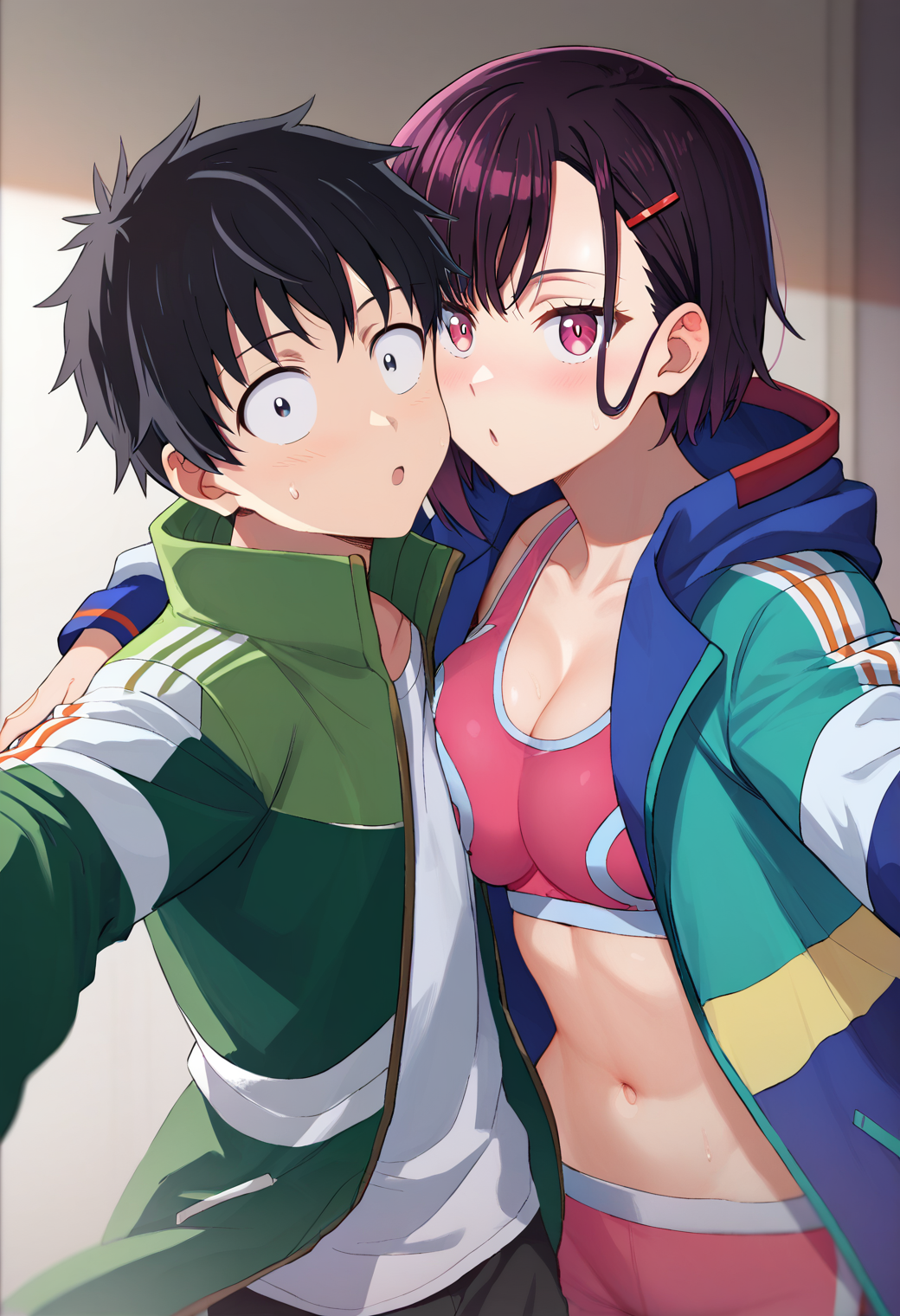 selfie, 1girl, 1boy, hugging, BREAK
tendouakira, white shirt, green jacket, open jacket, and
mikazukishizuka, hooded jacket, open jacket, pink sports bra, BREAK
<lora:zom100_ponyxl_v4:1>, score_9, score_8_up, score_7_up, score_6_up, anime