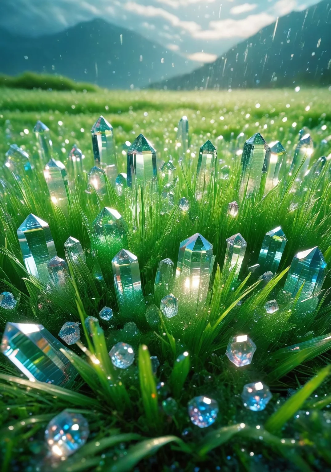 cs-cr1stal-v2, crystalz, serene scene of crystalline rain falling from a cloudy sky, where each droplet is transparent and glimmers with light, like tiny pieces of glass. The rain is gentle but constant, creating a magical atmosphere. The sky is filled with soft, grey clouds, and the ground below is covered with lush green grass that catches the falling crystals. The air is misty, and the landscape is ethereal, with the crystals shimmering as they descend. A peaceful, dreamlike ambiance fills the air as the rain continues to fall, creating a captivating, sparkling spectacle