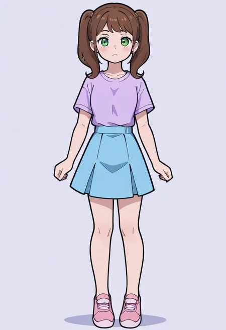 EmilySML 1girl, brown hair, brown pigtails, green eyes, purple shirt, blue skirt, pink shoes, short, solo, full body