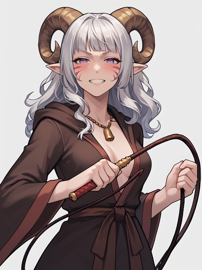 <lora:whip:0.8> holding_whip, holding weapon, whipping, whip,source_furry, score_7_up, rating_safe, cowboy shot, gold necklace, tiefing, short pointed ears, brown horns, (a pair of brown sheep Horns that begin at her temples and curve back: 1.5), bangs, long silver hair long wavy hair, pale skin, <lora:whisker_markings:0.8>red whisker_markings ,short pointy ears, purple eyes, <lora:age_slider_v4:0.6>   medium breasts, skinny female, close up, silver hair, <lora:Tieflingnew weird fantasyDND:0.3> Tiefling, pointed ears, horns, half-closed eyes<lora:Smooth Style 2 SDXL_LoRA_Pony Diffusion V6 XL:0.5> bell, robe, hood off, grin, blush, fighting stance,