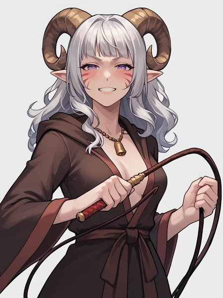 <lora:whip:0.8> holding_whip, holding weapon, whipping, whip,source_furry, score_7_up, rating_safe, cowboy shot, gold necklace, tiefing, short pointed ears, brown horns, (a pair of brown sheep Horns that begin at her temples and curve back: 1.5), bangs, long silver hair long wavy hair, pale skin, <lora:whisker_markings:0.8>red whisker_markings ,short pointy ears, purple eyes, <lora:age_slider_v4:0.6> medium breasts, skinny female, close up, silver hair, <lora:Tieflingnew weird fantasyDND:0.3> Tiefling, pointed ears, horns, half-closed eyes<lora:Smooth Style 2 SDXL_LoRA_Pony Diffusion V6 XL:0.5> bell, robe, hood off, grin, blush, fighting stance,
