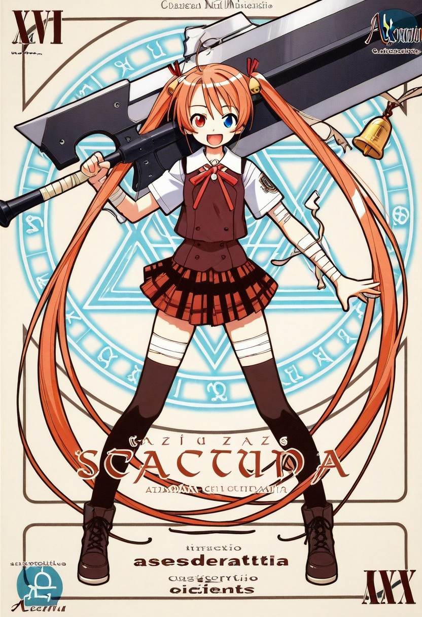 masterpiece, best quality, amazing detail, high definition, negimapactio, 1girl, ahoge, bandages, bell, boots, card \(medium\), character name, cover, full body, hair bell, hair ornament, hair ribbon, heterochromia, holding, holding weapon, huge weapon, kagurazaka asuna, long hair, looking at viewer, magic circle, open mouth, orange hair, plaid, plaid skirt, pleated skirt, ribbon, school uniform, shoes, short sleeves, skirt, smile, solo, standing, thighhighs, twintails, very long hair, weapon