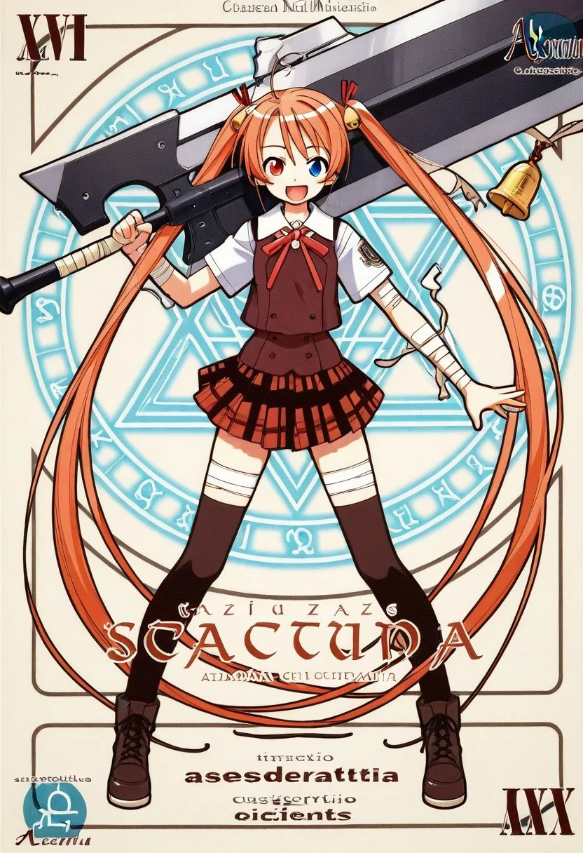 masterpiece, best quality, amazing detail, high definition, negimapactio, 1girl, ahoge, bandages, bell, boots, card \(medium\), character name, cover, full body, hair bell, hair ornament, hair ribbon, heterochromia, holding, holding weapon, huge weapon, kagurazaka asuna, long hair, looking at viewer, magic circle, open mouth, orange hair, plaid, plaid skirt, pleated skirt, ribbon, school uniform, shoes, short sleeves, skirt, smile, solo, standing, thighhighs, twintails, very long hair, weapon