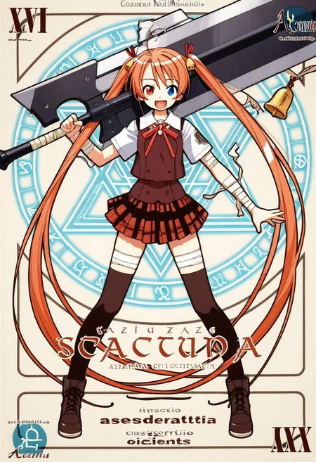 masterpiece, best quality, amazing detail, high definition, negimapactio, 1girl, ahoge, bandages, bell, boots, card \(medium\), character name, cover, full body, hair bell, hair ornament, hair ribbon, heterochromia, holding, holding weapon, huge weapon, kagurazaka asuna, long hair, looking at viewer, magic circle, open mouth, orange hair, plaid, plaid skirt, pleated skirt, ribbon, school uniform, shoes, short sleeves, skirt, smile, solo, standing, thighhighs, twintails, very long hair, weapon