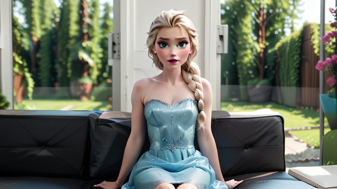princess Elsa, <lora:princess_pony_v1:0.6> g00dp0rt, 1girl, on couch, solo, sitting,dress, blurry background solo, , l0r4cchd <lora:cchdcustomlogolessmerge:.85> doggy, zPDXL3 zPDXLxxx