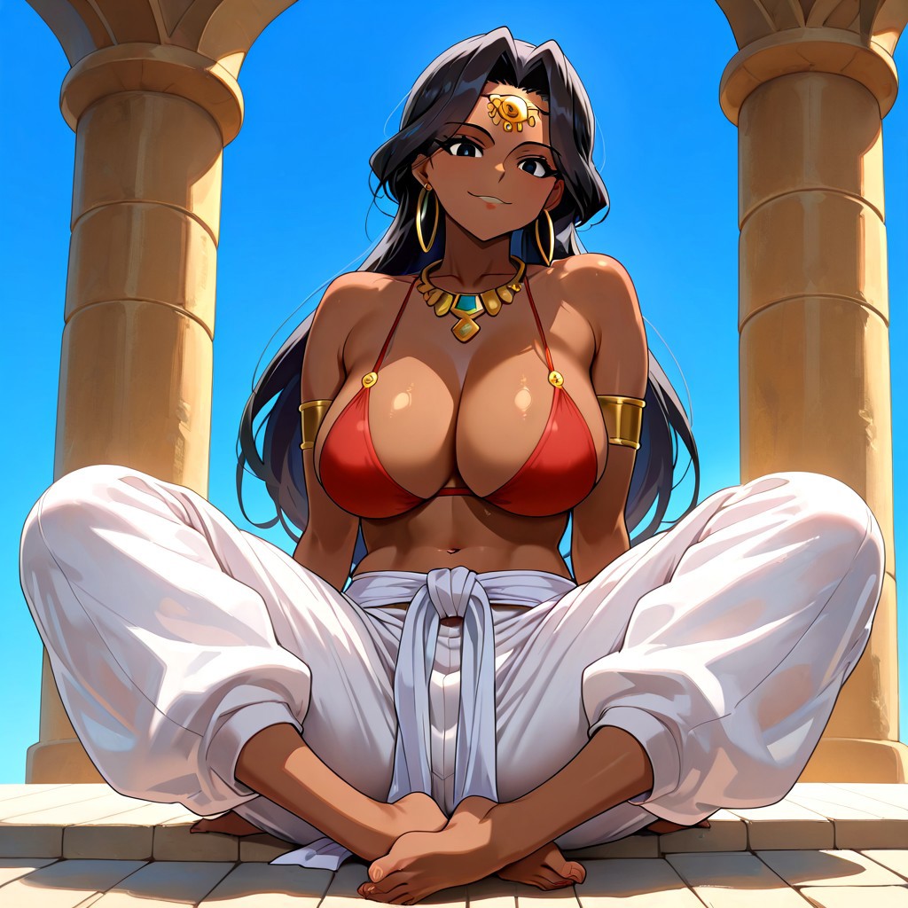 score_9, score_8_up, score_7_up, 1girl, black hair, long hair, black eyes, dark-skinned female, hoop earrings, jewelry, necklace, armlet, bare shoulders, neckline, red bikini, white baggy pants, bare feet, large breasts, blue sky,  looking at viewer, smile, solo, full body