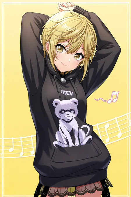 masterpiece, best quality, amazing quality,
<lora:Nagisa_IL:1> nagisa, 1girl, blonde hair, solo, smile, skirt, hood, looking at viewer, short hair, hoodie, yellow background, black hoodie, musical note, arms up, yellow eyes, long sleeves, bangs, see-through, closed mouth, hood down, standing, animal print, blush, stretching, hair between eyes, eighth note, casual