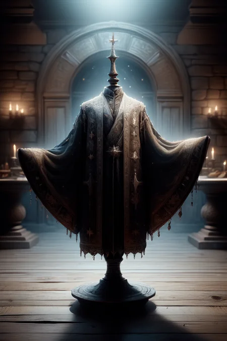 a wizard robe floating over a pedestal, masterpiece, best quality, hdr, 8k, dynamic pose, <lora:Mild detail adjusterV10:0.7>, <lora:more_details:0.3>,   <lora:wizardrope:0.6> Wizardrope <lora:typography-astrology-style-darquelilly-v1:0.7> typologyastrologystyle, prize at the end of the dungeon