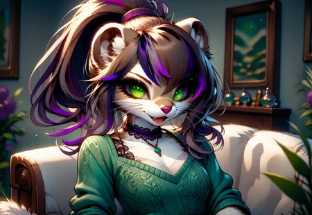 score_9, score_8_up, score_7_up, source_furry, slender, slim, fit, WSGS02, female furry, weasel girl, weasel ears, weasel tail, (green eyes:1.6), (brown hair, high ponytail, bangs, (violet highlights:2)), (blue knit sweater dress:1.4), (lace trim:1.4), jewel choker, scrunchie, sitting, indoors, couch, elegant room