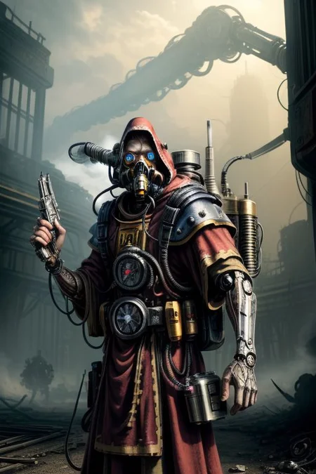 ((masterpiece,best quality)), absurdres, BREAK
mechanical arms, robes, hood, BREAK
((techpriest)), cyborg, mechanical face, mechanical limbs, gas mask, mechanical tentacles, (mechanical backpack), BREAK
1other, solo, holding pistol, firearm, handgun, pistol, gun, BREAK
factory background, smoggy sky, air pollution, smokestacks, BREAK