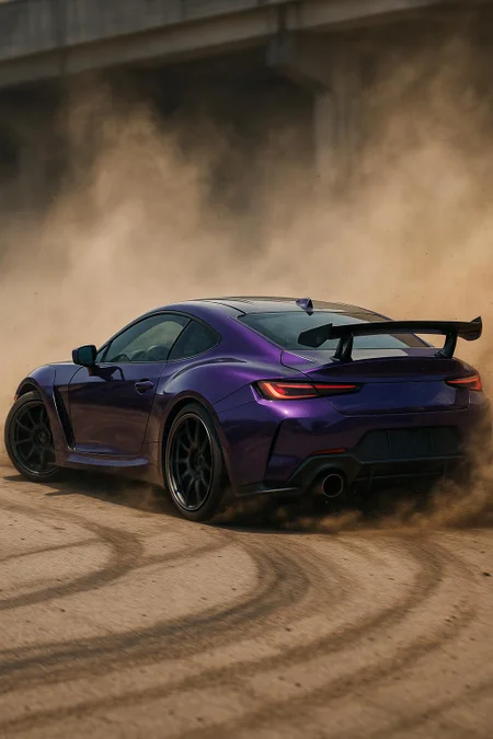 create a high detailed robust photographic image masterpiece, extreme quality, cg, high speed coupe sports car, fast, drifting, speed, dirt, dust, tires, rims, exhaust, spoiler, concrete, metal, dynamic cinematic, purple