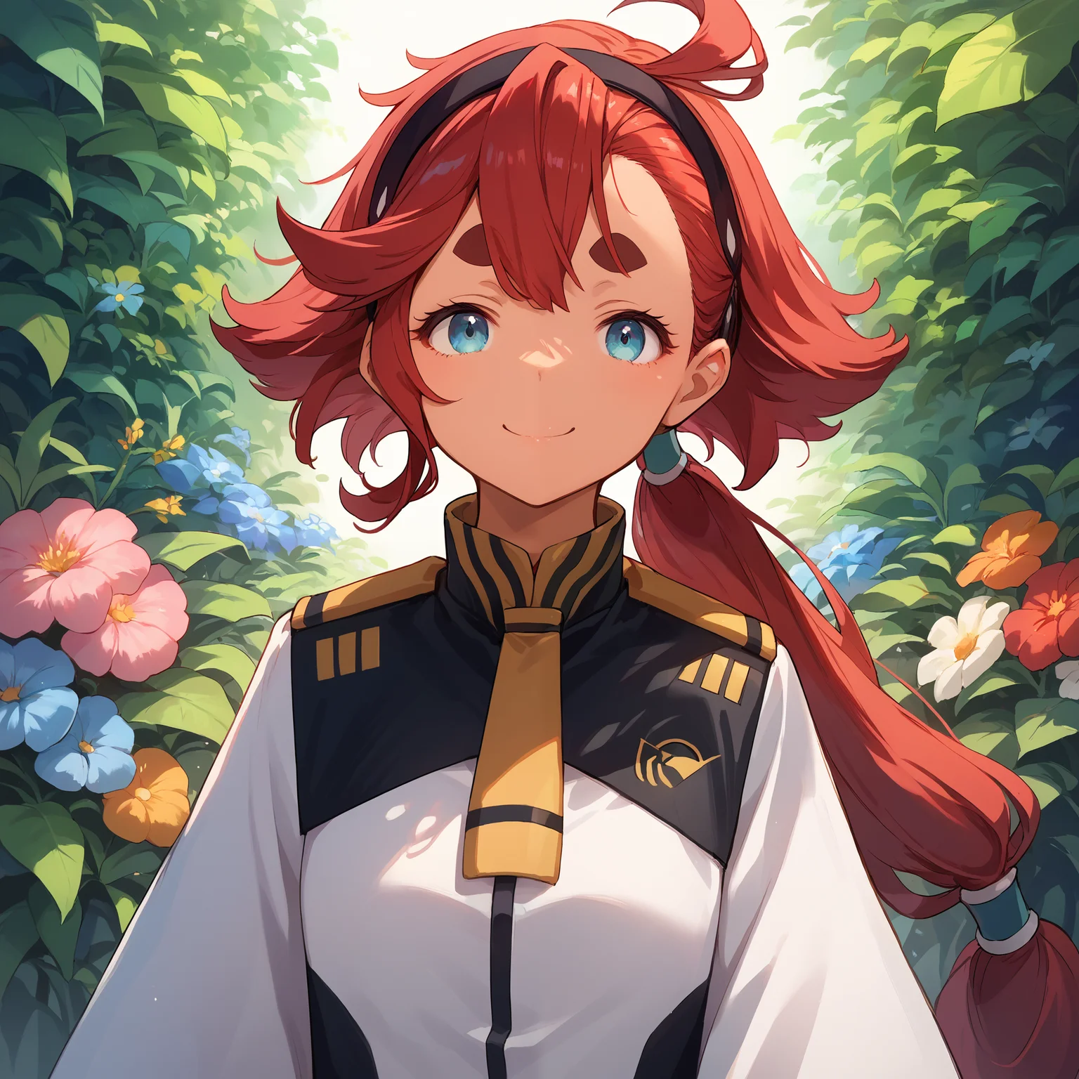 score_9, score_8_up, score_7_up, score_6_up, score_5_up, score_4_up, BREAK source_anime, look at viewer, 1girl, garden, close up, smiling, masterpiece, best quality, high detailed skin, suletta mercury, asticassia school uniform, dark skin, red hair, long hair, low ponytail, black hairband, ahoge, blue eyes, thick eyebrows, white jacket, long sleeves, yellow necktie, shoulder boards, white shorts,