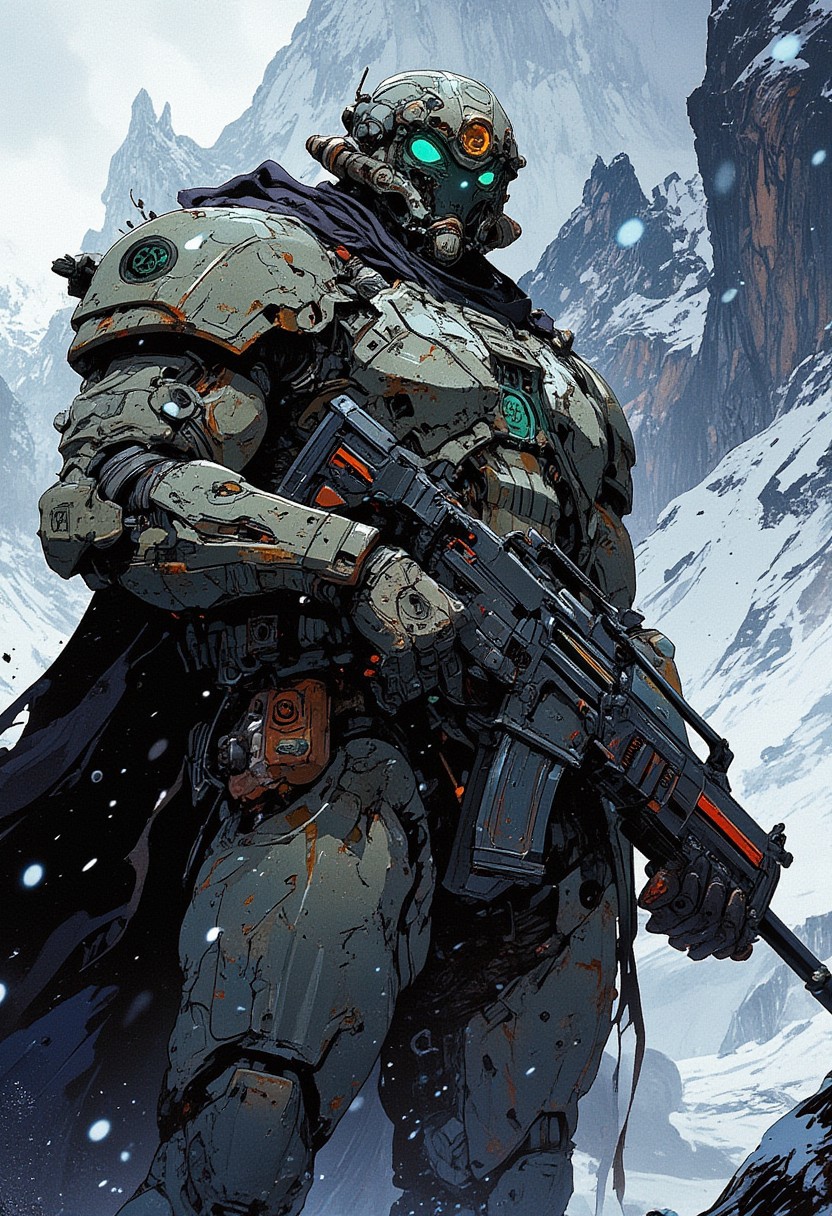 A futuristic armored warrior standing in a snowy mountain landscape, wearing heavy military-grade power armor with intricate details, glowing green eyes, and a high-tech energy rifle. The environment is cold and harsh, with snow falling and mist covering the distant peaks. The armor appears battle-worn, with scratches and weathering. A dark, tattered cape flows behind, adding a sense of mystery and power. Cinematic lighting, dramatic atmosphere, ultra-realistic textures, sci-fi military design, high detail, concept art by Craig Mullins and Raphael Lacoste