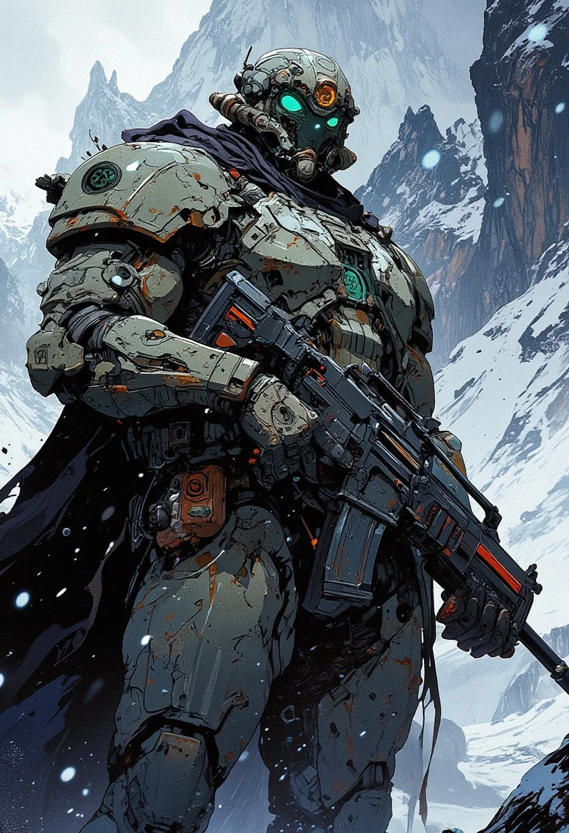 A futuristic armored warrior standing in a snowy mountain landscape, wearing heavy military-grade power armor with intricate details, glowing green eyes, and a high-tech energy rifle. The environment is cold and harsh, with snow falling and mist covering the distant peaks. The armor appears battle-worn, with scratches and weathering. A dark, tattered cape flows behind, adding a sense of mystery and power. Cinematic lighting, dramatic atmosphere, ultra-realistic textures, sci-fi military design, high detail, concept art by Craig Mullins and Raphael Lacoste