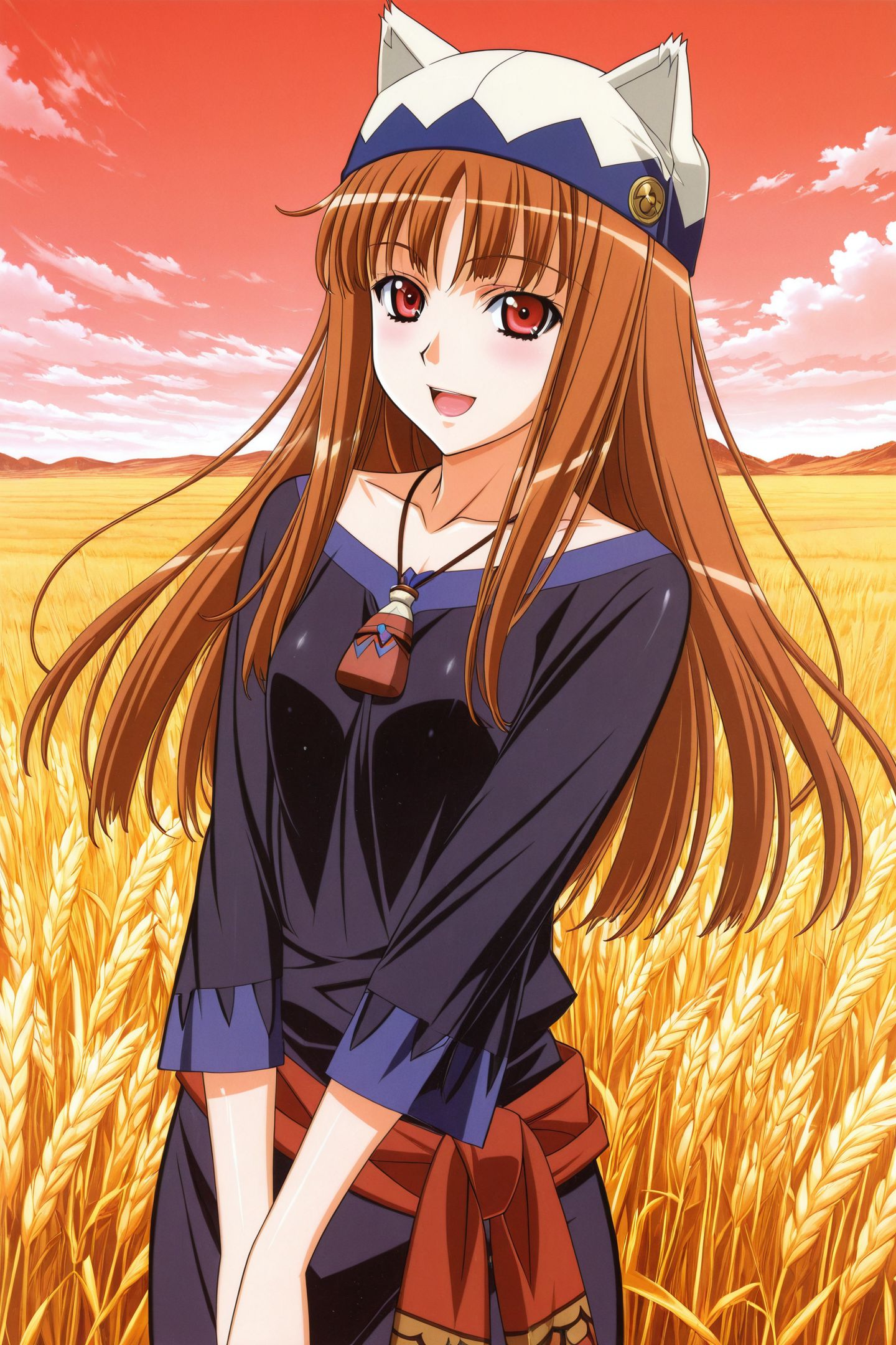 Kuroda Kazuya Style,1girl,solo,long hair,holo,red eyes,brown hair,hat,open mouth,smile,wheat field,
<lora:Kuroda Kazuya_illustriousXL:0.8>,