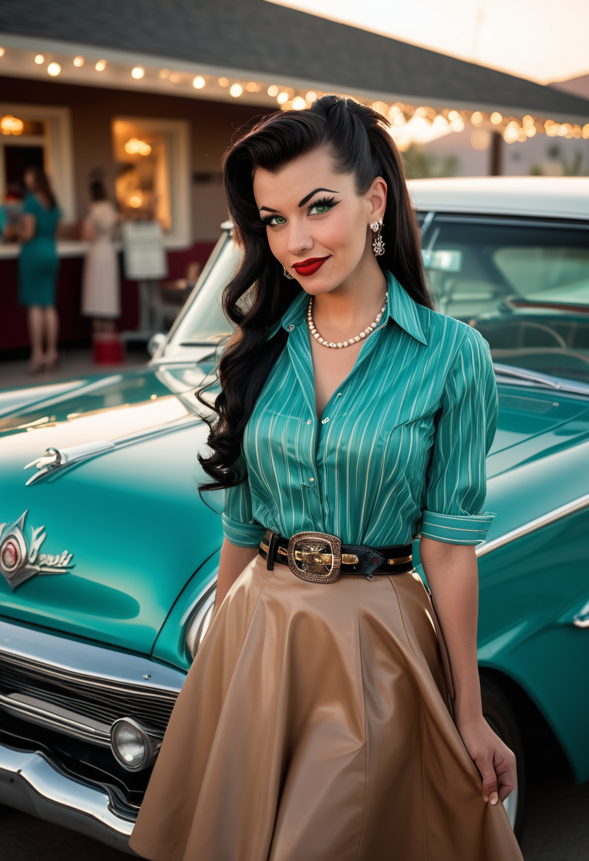 (medium full shot) of (iconic rockabilly) young woman, lithe build, long dark bangs hair, native american, tan skin, green eyes, wearing a teal striped shirt, underskirt, patent leather pumps, eyeliner, pearl necklace leather belt, set in  an elegant drive-in, with luxurious vintage cars, sophisticated lighting, chic decor, stylish lounge areas, and elegant banners , during sunset, woman smiling, detailed face, ,Masterpiece,best quality, raw photo, realistic, very aesthetic