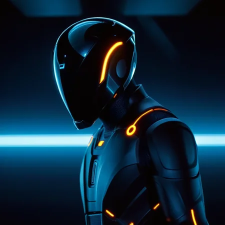 cinematic film still of <lora:add-detail-xl:0.1>1
<lora:detailed:0.3> realism
<lora:perfection style:0.2> perfect
<lora:eyetune:0.6>
<lora:xl_more_art-full_v1:0.1>
<lora:Ron Fricke style:0.3>
<lora:Unreal Engine style:0.3>
<lora:TeethXL:0.3>
<lora:Chiaroscuro Lighting Style:0.3> Chiaroscuro Lighting Style
<lora:Tron style:1>
In a futuristic sci-fi glowing world a man in a futuristic suit with a glowing blue light,solo,simple background,1boy,upper body,male focus,from behind,bodysuit,glowing,helmet,black background,science fiction , action movie themed, science fiction movie themed, sharp, detailed, epic cinematic photography, artistic, dramatic light, cinematic color style, Kodak film style, Tron style, shallow depth of field, vignette, highly detailed, high budget, bokeh, cinemascope, moody, epic, gorgeous, film grain, grainy