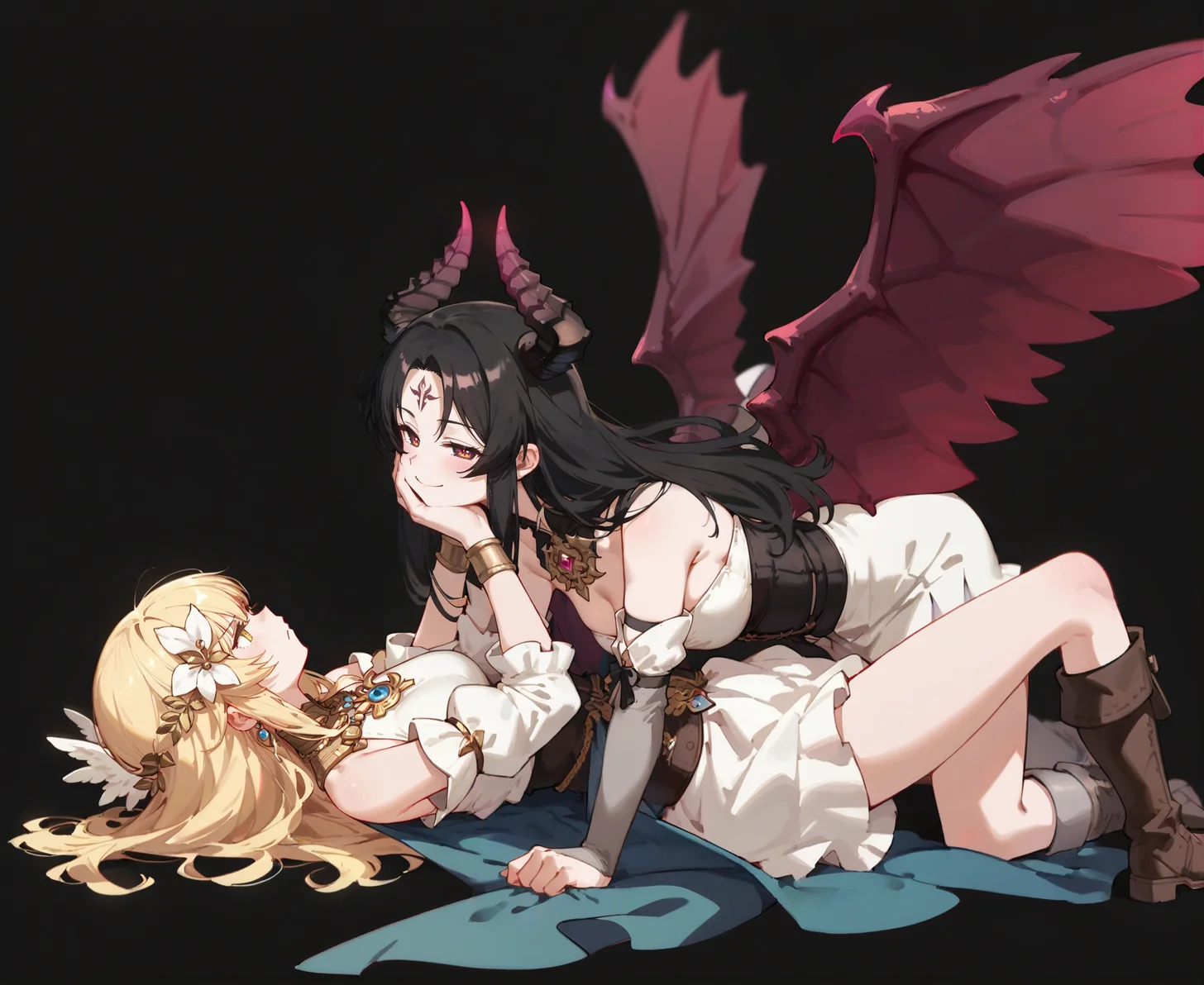 (score_9,score_8_up,score_7_up),simple background,black background,
BREAK
Vykas-lostark,1girls,demon horns,demon wings,demon girl,medium breast,strapless,blurry background,forehead mark,hugging,open eye,multiple character,side glance,full body,black hair,hand in hair,smirk,on top,<lora:Vykas-lostark:0.8>,hand on face,<lora:touhou_tgm:0.85>,elbow gloves,parted bangs,torned clothes,large breast,