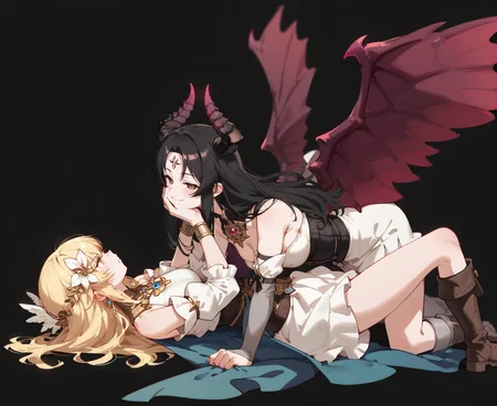 (score_9,score_8_up,score_7_up),simple background,black background,
BREAK
Vykas-lostark,1girls,demon horns,demon wings,demon girl,medium breast,strapless,blurry background,forehead mark,hugging,open eye,multiple character,side glance,full body,black hair,hand in hair,smirk,on top,<lora:Vykas-lostark:0.8>,hand on face,<lora:touhou_tgm:0.85>,elbow gloves,parted bangs,torned clothes,large breast,