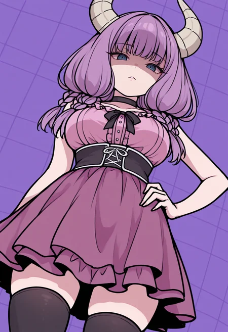 masterpiece, best quality, 1girl, solo, 4ura, purple hair, blue eyes, horns, long hair, twin braids, lineart, sketch, traditional media, flat color, anime coloring, jirai kei, frills, pink blouse, sleeveless, frilled shirt, black choker, black corset, ribbon, purple skirt, black thighhighs, hand on own hip, shaded face, looking at viewer, looking down, abstract background, dutch angle, <lora:ChamAuraIllustriousXL:1>