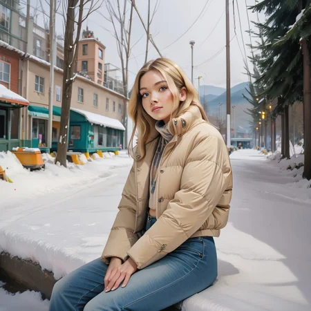 Score_9_up, score_8_up, score_7_up, (masterpiece, best quality, high quality, realistic, ultra detailed), hyperrealistic, (UHD quality details), 1girl, puffa_jacket, sitting, blonde hair, long hair,  beige jacket, jeans, snow boots, outdoors, winter, snow , sunshine, depth of field, 8k uhd, absurd res, volumetric lighting, beautiful composition, intricate detail, professional photography