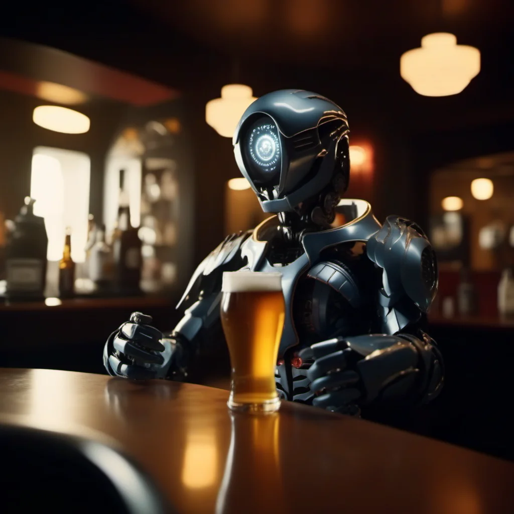 cinematic photo robot having a beer in a pub <lora:LIS-V3:0.8> . 35mm photograph, film, bokeh, professional, 4k, highly detailed