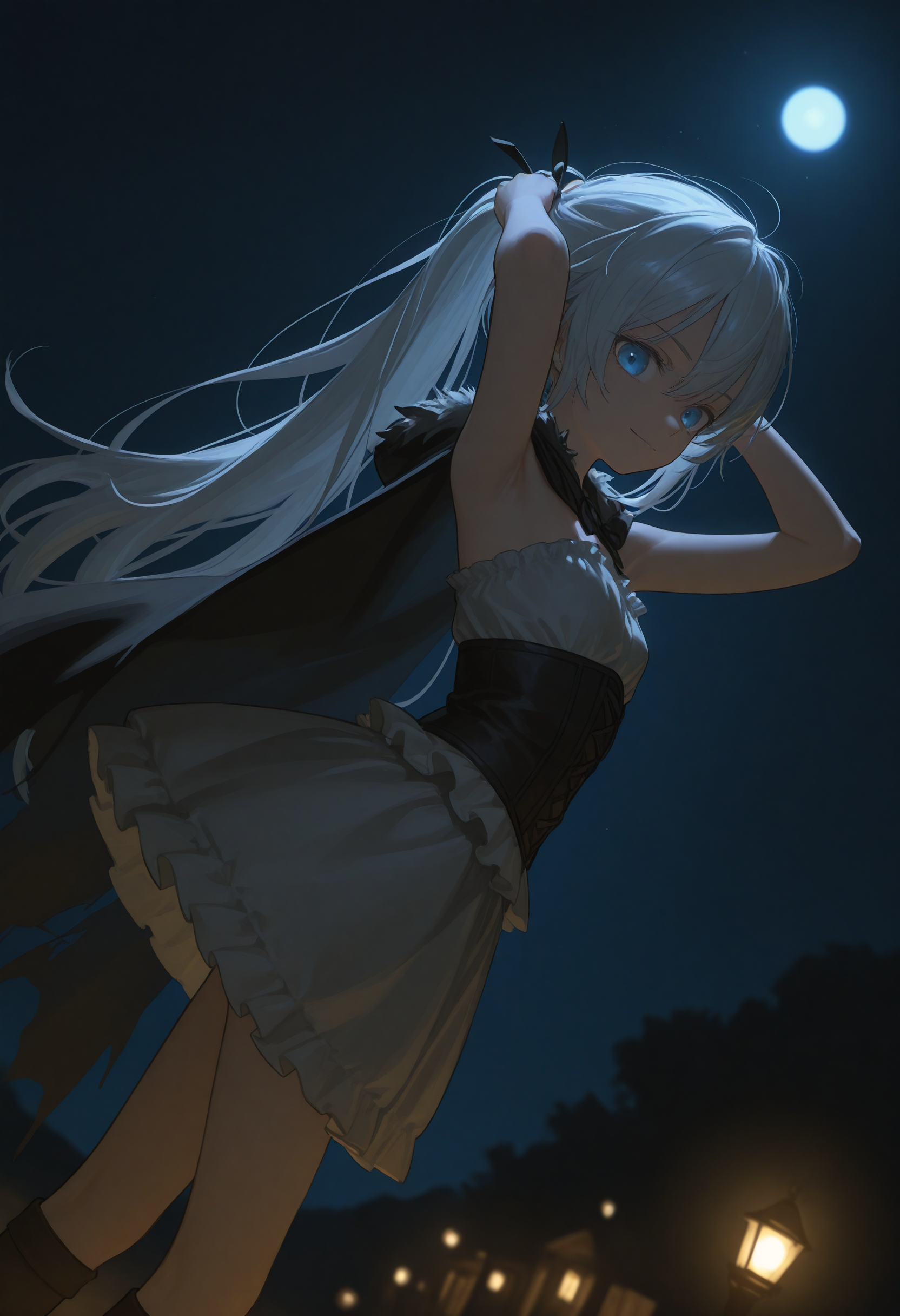 ((dutch angle)),bare shoulders, 1girl, (petite girl:1.2), extremely long hair, white hair, tying hair, blue eyes, BREAK, ethereal, BREAK, close up, looking at viewer, smile, spirit wolf, night, outdoors, moonlight, BREAK, fantasy theme, skirt_set, frilled, cape, single kneehigh, dynamic pose, dynamic composition, limited palette, <lora:EL3GY-V15_purged:0.4> <lora:[Style]_Hara_ID_21_[Illustrious-XL]:1> <lora:SocratesaxStyle2-000009:0.3> <lora:HonnryouHanaru-Style:0.3> <lora:moyu:0.3> <lora:lightingSlider:-1> <lora:None:1.0>