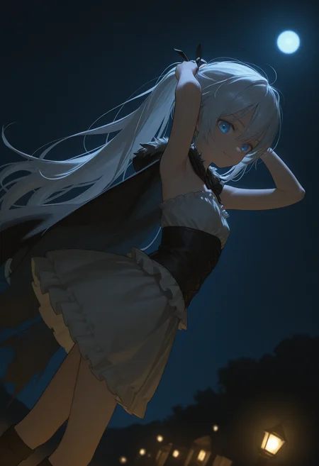((dutch angle)),bare shoulders, 1girl, (petite girl:1.2), extremely long hair, white hair, tying hair, blue eyes, BREAK, ethereal, BREAK, close up, looking at viewer, smile, spirit wolf, night, outdoors, moonlight, BREAK, fantasy theme, skirt_set, frilled, cape, single kneehigh, dynamic pose, dynamic composition, limited palette, <lora:EL3GY-V15_purged:0.4> <lora:[Style]_Hara_ID_21_[Illustrious-XL]:1> <lora:SocratesaxStyle2-000009:0.3> <lora:HonnryouHanaru-Style:0.3> <lora:moyu:0.3> <lora:lightingSlider:-1> <lora:None:1.0>