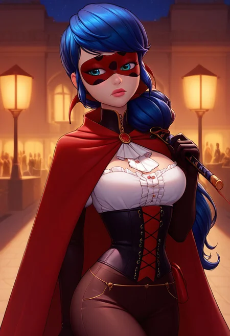score_9, score_8_up, score_7_up, detailed background, background, volumetric lighting, vibrant colors, Paris, Paris street,
solo girl,
imtdldybg, 1girl, beautiful girl, perfect face, beautiful eyes, beautiful face, very thin, wide hips, beautiful big breasts, perfect hands, four fingers, one thumb, perfect face, girl sad expression,
blue hair, swept bangs, very long hair, ponytail, girl high ponytail,
white skin girl, black domino mask, mask,
black gloves, gloves up to the elbows, gloves wide at the base, knitting needles in hair, girl holding a sword, very long sword, sewing needle shaped sword, sword without guard, brown leather pants, large seams on pants side, white blouse, long sleeve blouse, blouse with collar, black corset, corset over blouse, musketeer cape, musketeer cape on the side, black musketeer cape, large seam on cape, large seam on blouse, large seam on gloves, large seam on corset,
holding sword-over-shoulder, weapon over shoulder
easynegative, negative_hand, Expressiveh, good_hands,