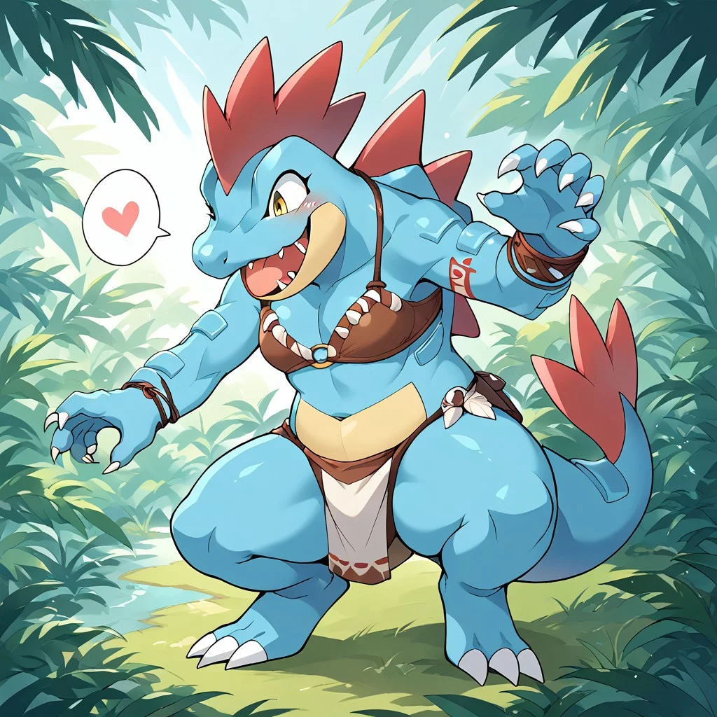 score_9, score_8_up, score_7_up, source_anime, source_furry,rating_explicit,in jungle,BREAK ,
heart speech bubble,solo,feraligatr pokemon (creature),((feral,short legs)),female,
clothing, tribal clothes,tribal bra, loincloth,tribal face paint, tribal markings,
open mouth,smile,love,hold my hands,hand_holding,