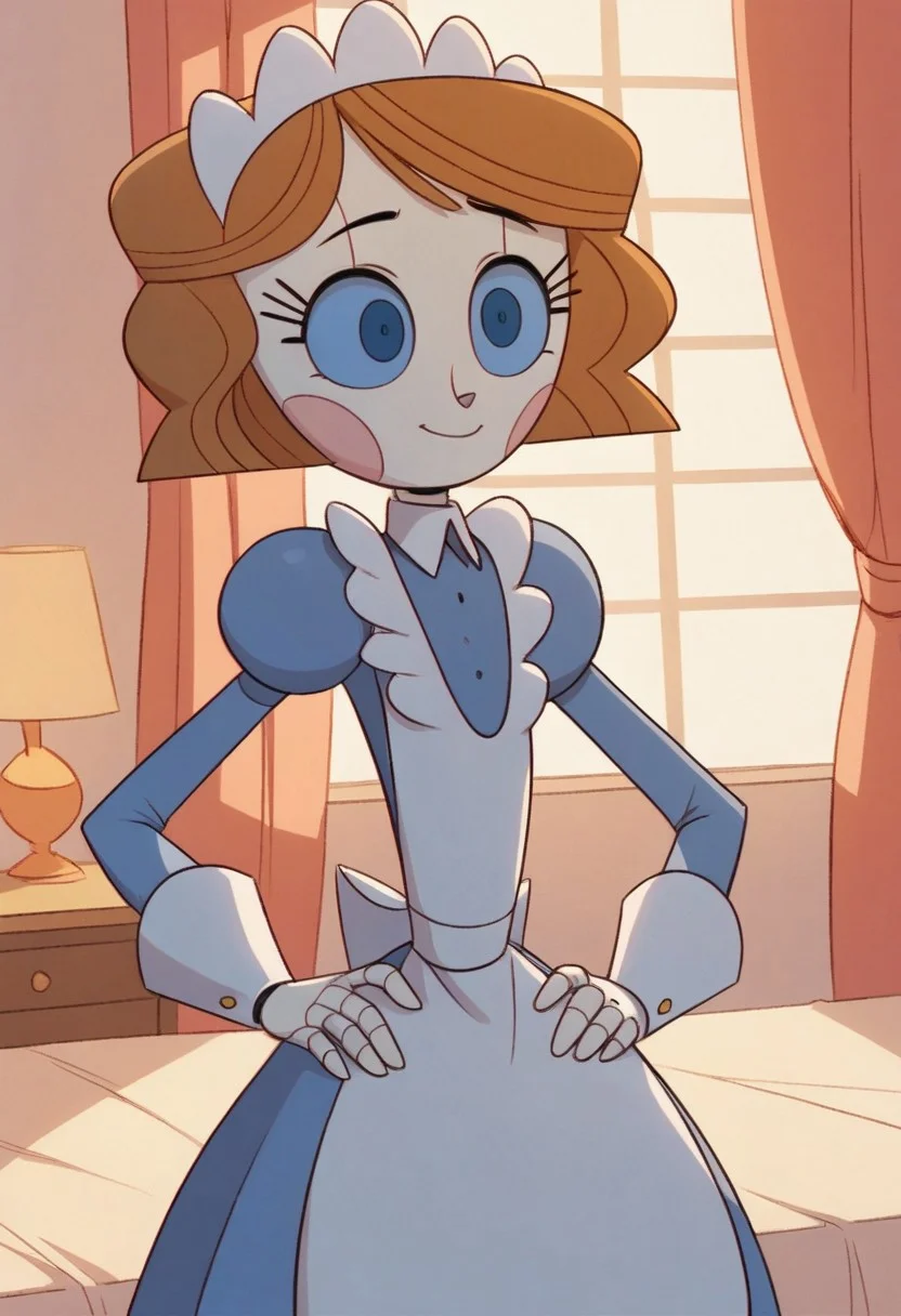Score_9_up, score_8_up, score_7_up, BREAK 1girl, emmytr, blue eyes, solo, robot, brown hair, maid uniform, maid headdress, cute, hand on hip, bedroom,