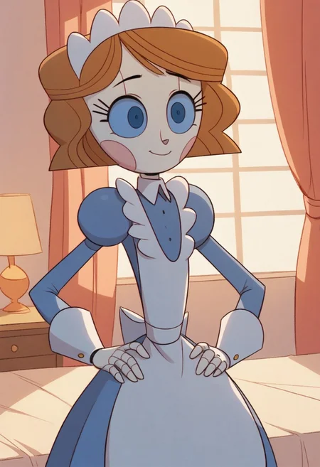 Score_9_up, score_8_up, score_7_up, BREAK 1girl, emmytr, blue eyes, solo, robot, brown hair, maid uniform, maid headdress, cute, hand on hip, bedroom,