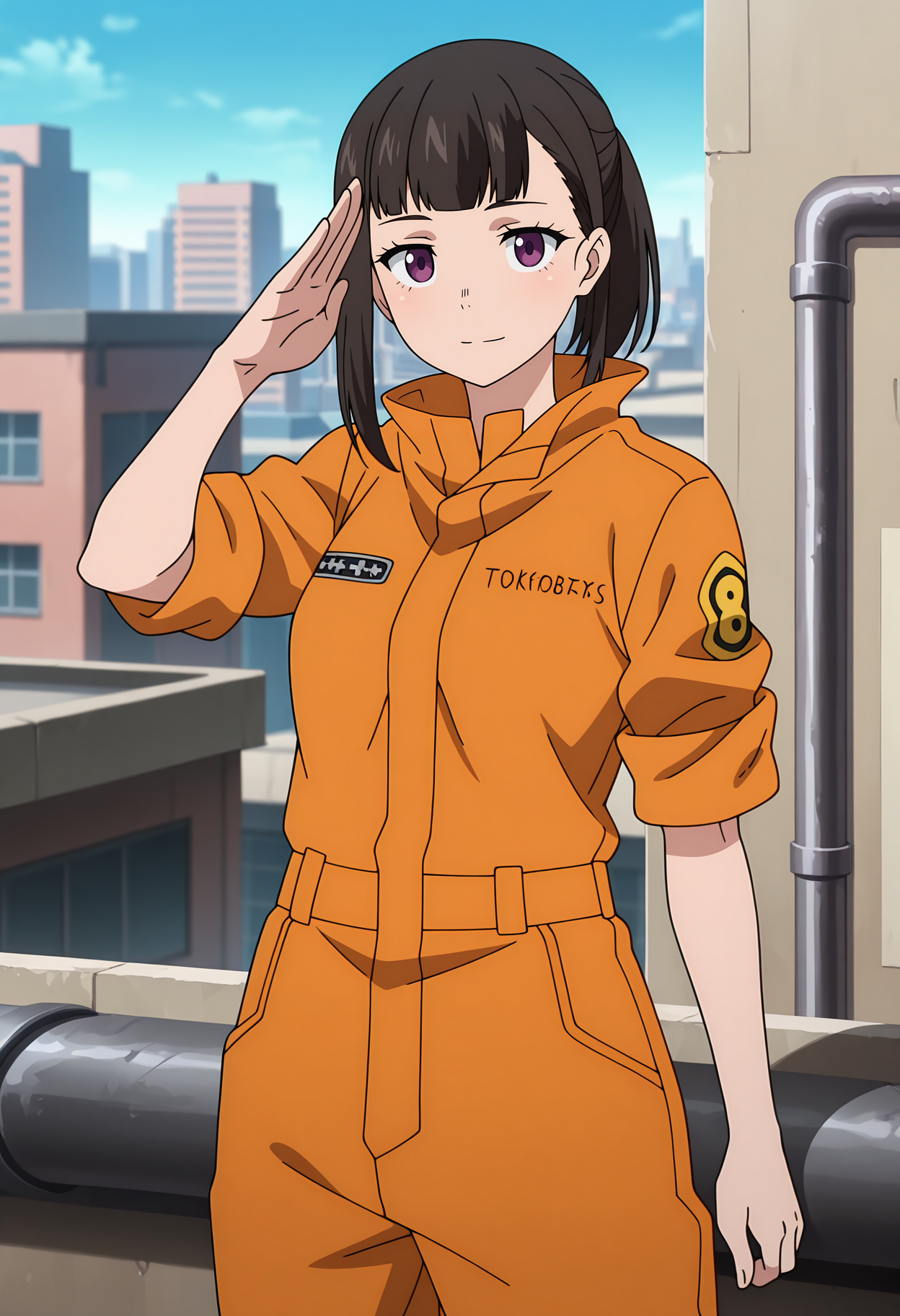 anime screencap, masterpiece, best quality,
<lora:EnenNoShouboutai_OzeMaki_IlluXL:0.9>,
1girl, solo, closed mouth, light smile,
ponytail, asymmetrical hair, blunt bangs, hair behind ear, black hair, purple eyes,
orange jumpsuit, clothes writing, sleeves rolled up,
salute, standing, looking at viewer, cowboy shot,
blurry background, cityscape, day, rooftop, industrial pipe, blue sky, tank