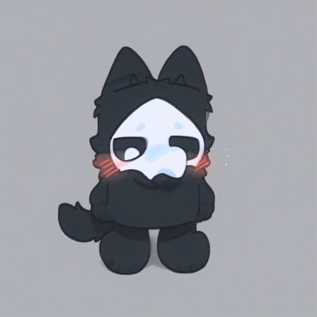 score_9, score_8_up, puro, black latex, furry, changed, white eyes, white mask, black fur, 1boy, solo, conswayo_, cute style, cute, 2d, simple background, (blush)