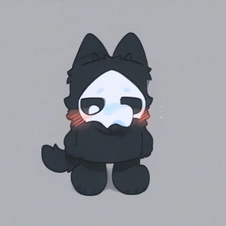 score_9, score_8_up, puro, black latex, furry, changed, white eyes, white mask, black fur, 1boy, solo, conswayo_, cute style, cute, 2d, simple background, (blush)