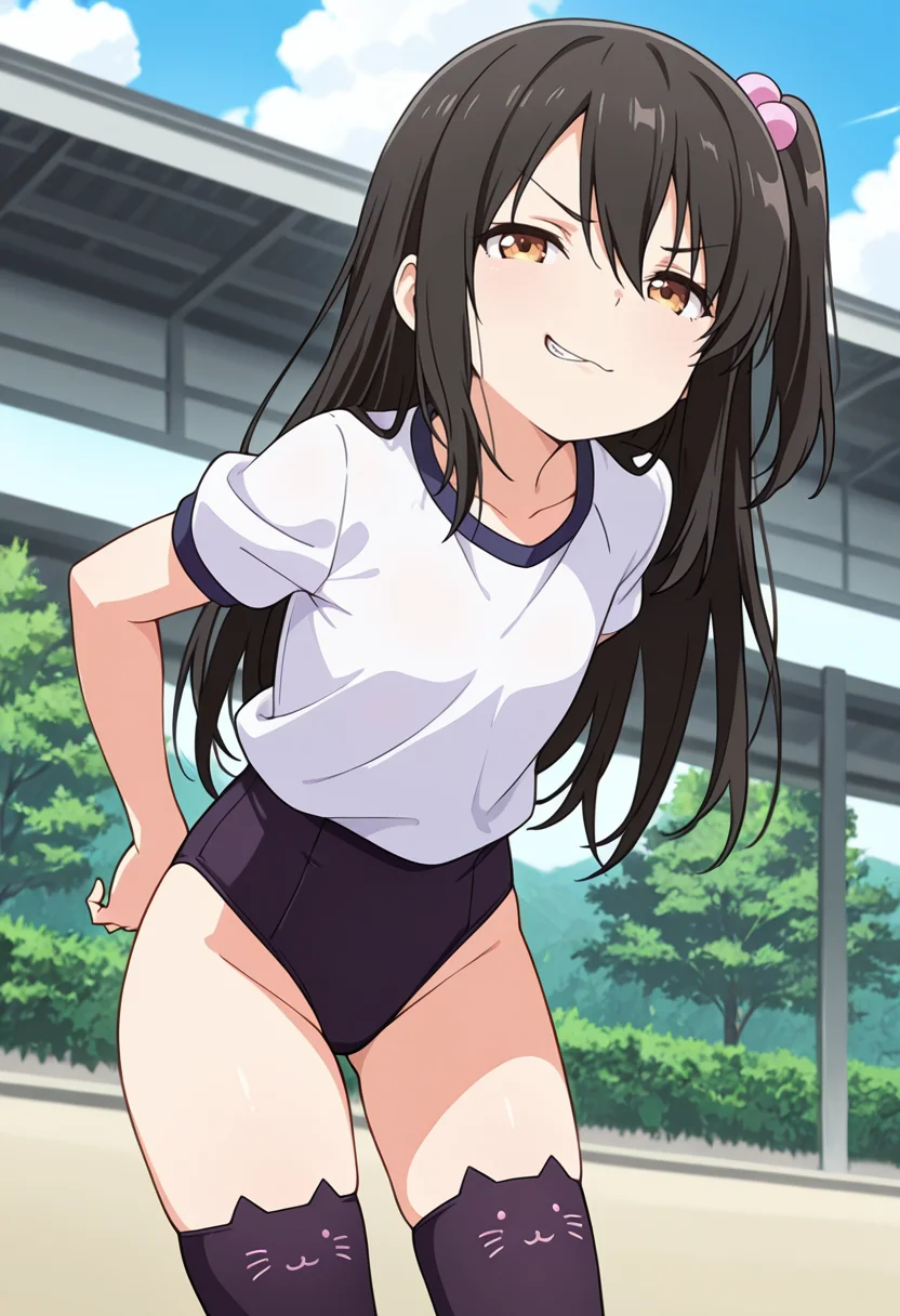 masterpiece,high quality details,
outdoors, 
 <lora:Adachi_Tenka:0.8> tenka_cnr, 1girl, black hair, long hair,brown eyes,hair between eyes, one side up,, grimace,smug,, gym shirt,leotard under clothes,stockings, ,cat ear legwear,