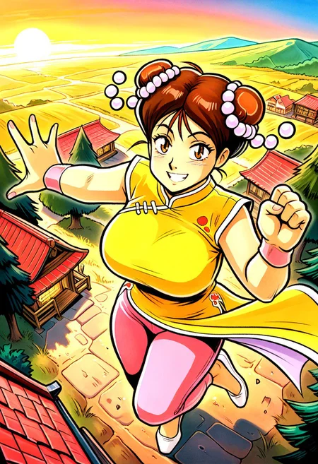 masterpiece, best quality, amazing quality, very aesthetic, absurdres, newest, larffl3, 1girl, tall, large breasts, double bun, hair pearls, short brown hair, yellow china dress, single pink wristband, brown eyes, pink pants, (white footwear, heel-less:1.3), looking at viewer, cheerful, excited, open mouth, grin, wide eyed, outside, village, view from above,