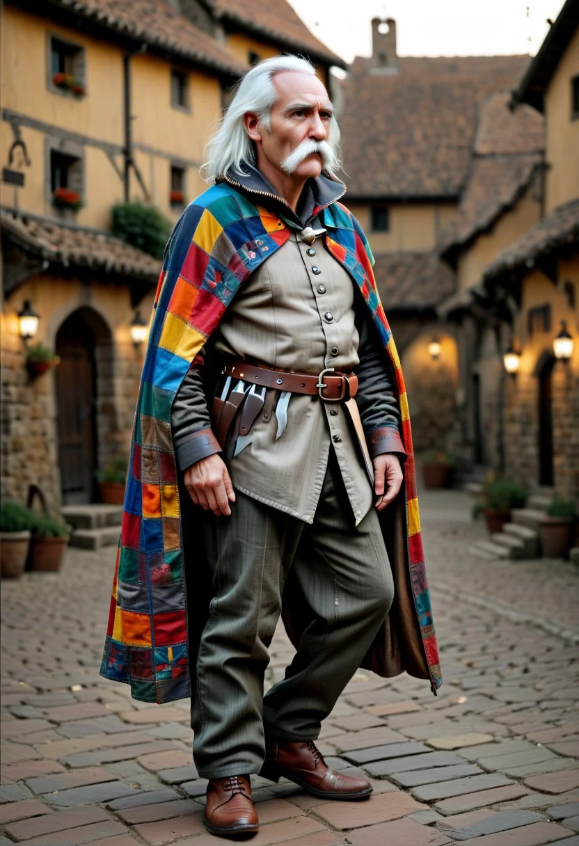 Thom Merrilin, full-body shot, middle-aged man, 45 years old, long bushy white mustache drooping past chin, white hair with steel-gray streaks, high-collared patchwork gleeman’s cloak, red blue green yellow orange squares, open cream linen shirt, gray wool trousers, leather belt with throwing knives, standing in a dusty medieval village square, soft sunlight, rustic buildings, confident expression, fantasy setting, high detail