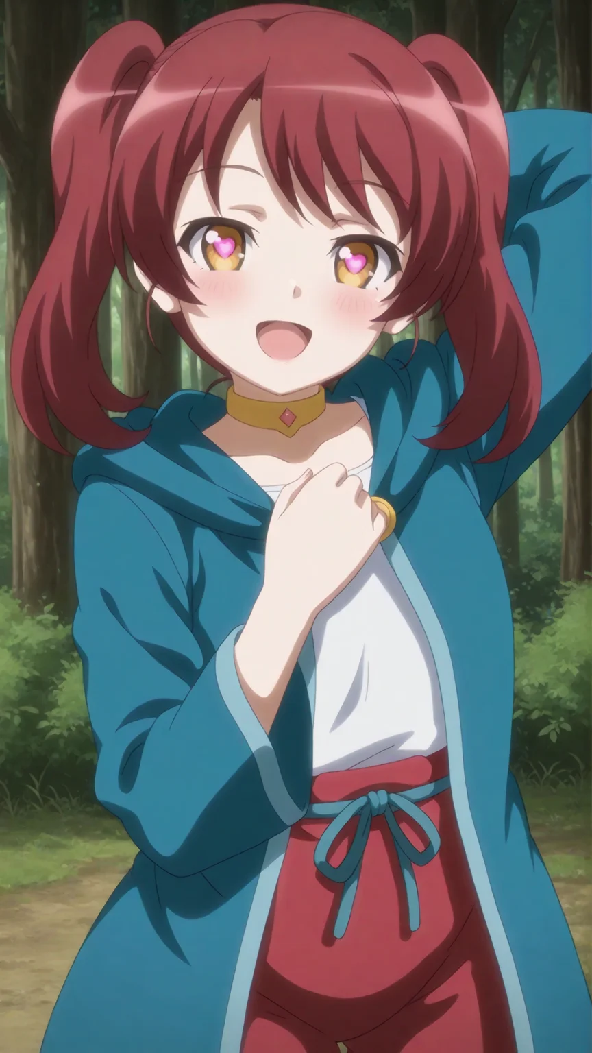 score_9, score_8_up, score_7_up, derpibooru_p_95, uncensored, masterpiece, absurdres, source_anime, <lora:hand 4:1>, perfection, 1girl, solo, standing, looking at viewer, facing viewer, one hand behind head, one hand on chest, seductive eyes, smile, open mouth, blush, forest, upper body, BREAK, <lora:IL_Jayda_Goblin_no_Suana:0.8>, jayda, yellow eyes, heart-shaped pupils, red hair, medium hair, twintails, white blouse, red shorts, blue cloak, gold choker,