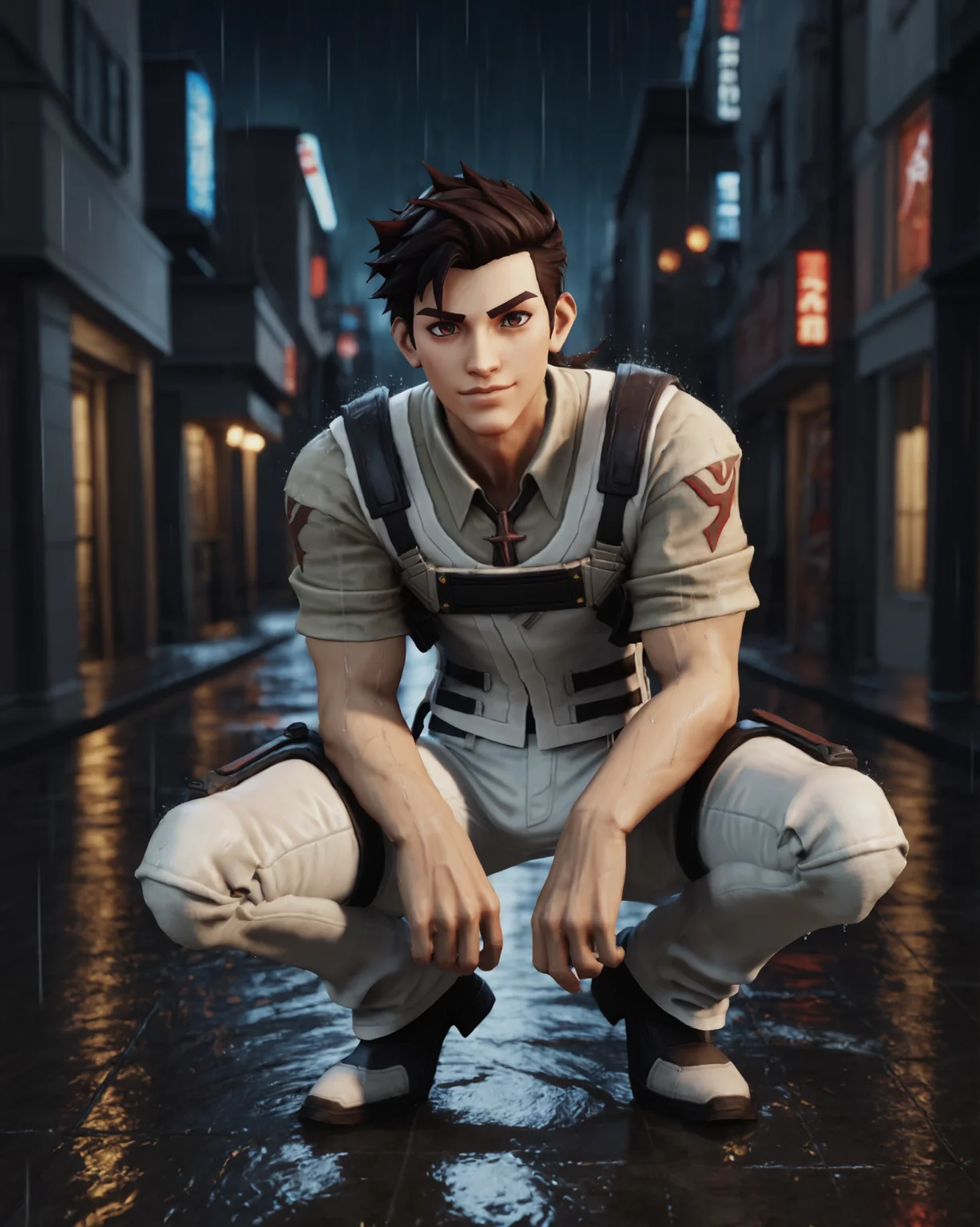 score_9, score_8_up, score_7_up, rating_questionable, intricately detailed, science fiction setting,
<lora:homri52:1>,
<lora:Paxton_Pryce_Fortnite:0.8>,
1boy(paxt0npryc3, paxb0ttom, white pants, paxt0p, squatting, full body, standing, looking at the viewer, solo, friendly, slight smile, looking at the viewer),
front view,
rain, wet street, wet, futuristic city, futuristic buildings, high rises, on a road, at night, darkness, rainfall, dark theme, depth of field, detailed background,
<lora:ral-chrosc-clr:0.5>, ral-chrosc-clr,
<lora:Expressive_H:0.5>, expessiveH,
<lora:xl_more_art-full_v1:0.3>,
<lora:add-detail-xl:0.3>