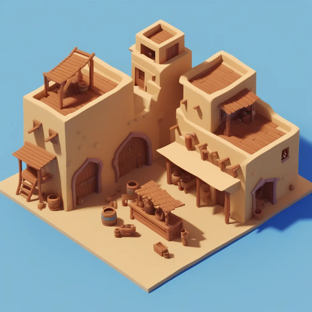 from above, IsometricDesert, village, no humans, window, scenery, stairs, door, carpet, barrel, rug, blue background, simple background, <lora:IsometricDesertXL:0.8>,