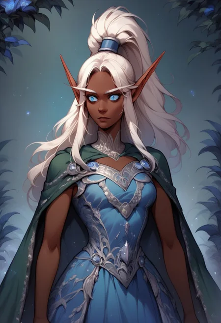 score_9, score_8_up BREAK , solo, 1girl, <lora:edgFantasyDressesPonyv1:1> edgTF , wearing edgTF_dress, dress,  <lora:NSSindragosaWoW:1> NSSindragosaWoW, high ponytail, long hair, parted bangs, white hair, pointy ears, dark-skinned female, split pupils, cape, blue dress
