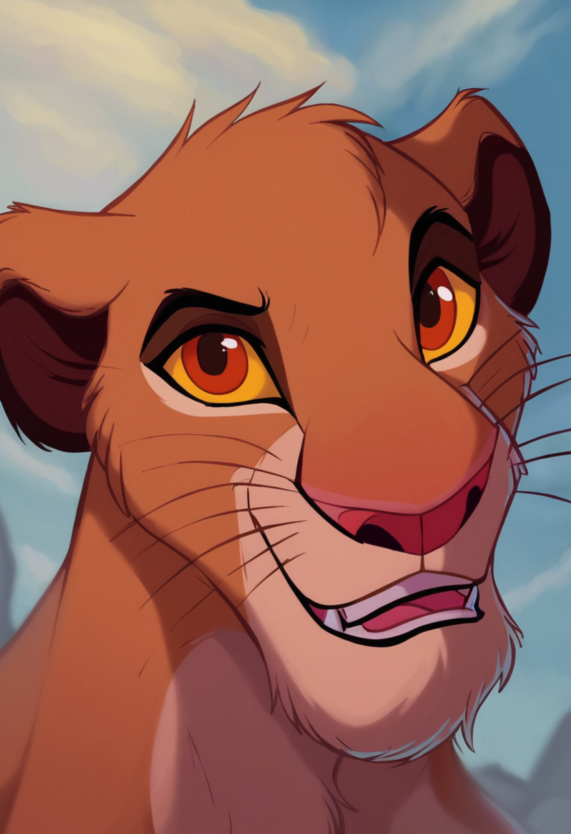 score_9, score_8_up, score_7_up, score_6_up, smile, open mouth, brown eyes, yellow eyes, :d, outdoors, closeup, looking at viewer, teeth, tongue, orange eyes, no humans, animal, fangs, happy, portrait, cropped body, colored sclera, looking ahead, animal focus, creature, yellow sclera, brown fur, whiskers, horizontal pupils, lion cub, smile, retro artstyle, traditional media, dramatic lighting, <lora:Disney_Renaissance-06:1>
