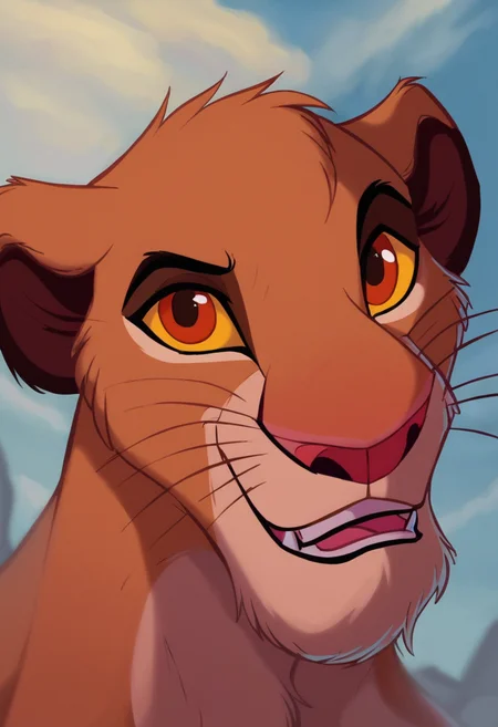 score_9, score_8_up, score_7_up, score_6_up, smile, open mouth, brown eyes, yellow eyes, :d, outdoors, closeup, looking at viewer, teeth, tongue, orange eyes, no humans, animal, fangs, happy, portrait, cropped body, colored sclera, looking ahead, animal focus, creature, yellow sclera, brown fur, whiskers, horizontal pupils, lion cub, smile, retro artstyle, traditional media, dramatic lighting, <lora:Disney_Renaissance-06:1>